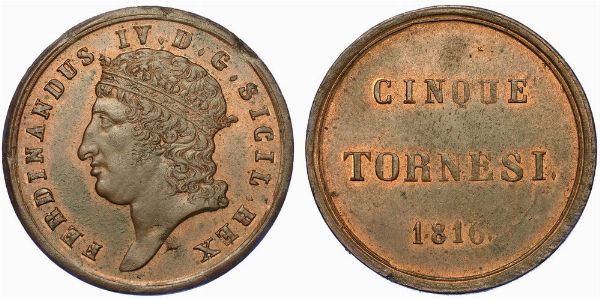 NAPOLI. FERDINANDO I DI BORBONE, 1816-1825. 5 Tornesi 1816.  - Asta Numismatica - Associazione Nazionale - Case d'Asta italiane