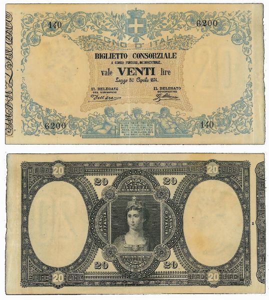 REGNO DITALIA. VITTORIO EMANUELE II DI SAVOIA, 1861-1878. BANCA NAZIONALE NEL REGNO. 20 Lire biglietto consorziale 30/04/1874.  - Asta Numismatica - Associazione Nazionale - Case d'Asta italiane