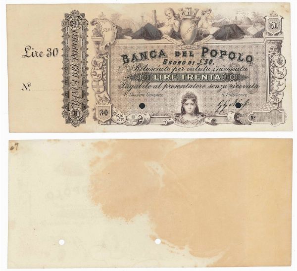 REGNO DITALIA. VITTORIO EMANUELE II DI SAVOIA, 1861-1878. BANCA DEL POPOLO DI FIRENZE. 30 Lire 02/09/1867. Prova su cartoncino su matrice.  - Asta Numismatica - Associazione Nazionale - Case d'Asta italiane