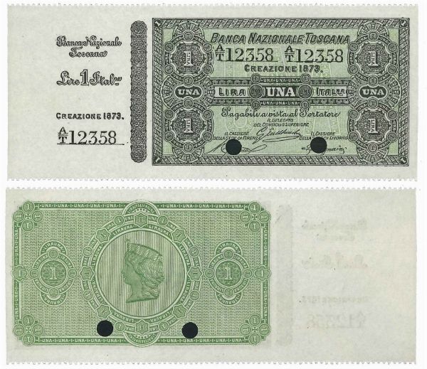 REGNO DITALIA. VITTORIO EMANUELE II DI SAVOIA, 1861-1878. BANCA NAZIONALE TOSCANA. Lira 1873 specimen con matrice.  - Asta Numismatica - Associazione Nazionale - Case d'Asta italiane