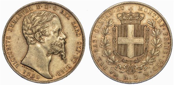 REGNO DI SARDEGNA. VITTORIO EMANUELE II DI SAVOIA, 1849-1861. 5 Lire 1859. Genova.  - Asta Numismatica - Associazione Nazionale - Case d'Asta italiane