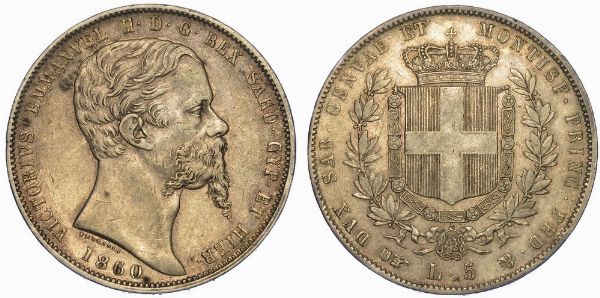 REGNO DI SARDEGNA. VITTORIO EMANUELE II DI SAVOIA, 1849-1861. 5 Lire 1860. Torino.  - Asta Numismatica - Associazione Nazionale - Case d'Asta italiane