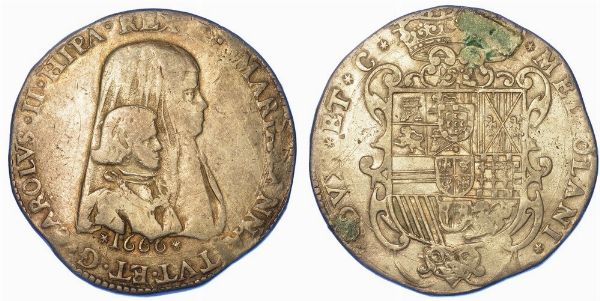 MILANO. CARLO II DI SPAGNA - REGGENZA DI MARIA ANNA D'AUSTRIA, 1665-1675. Filippo o Carlo 1666.  - Asta Numismatica - Associazione Nazionale - Case d'Asta italiane