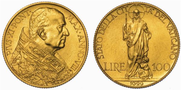 VATICANO. PIO XI, 1922-1939. 100 Lire 1929/A. VIII.  - Asta Numismatica - Associazione Nazionale - Case d'Asta italiane