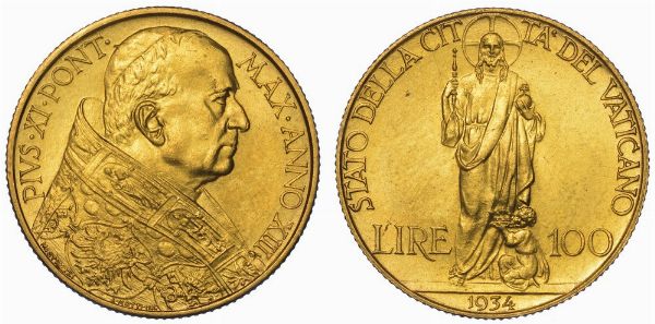 VATICANO. PIO XI, 1922-1939. 100 Lire 1934/A. XIII.  - Asta Numismatica - Associazione Nazionale - Case d'Asta italiane