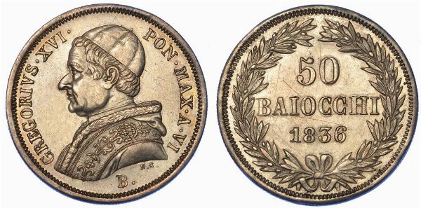 BOLOGNA. GREGORIO XVI, 1831-1846. 50 Baiocchi 1836/A. VI.  - Asta Numismatica - Associazione Nazionale - Case d'Asta italiane