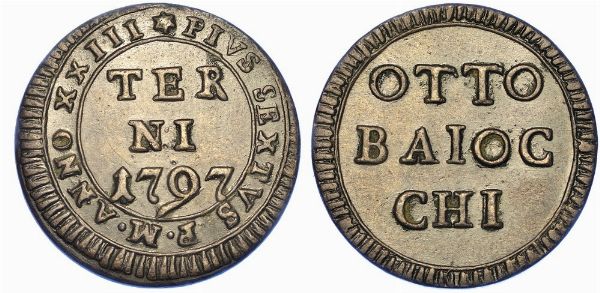 TERNI. PIO VI, 1775-1799. Muraiola da otto baiocchi 1797.  - Asta Numismatica - Associazione Nazionale - Case d'Asta italiane