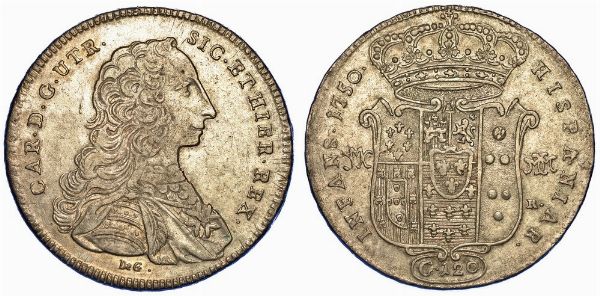 NAPOLI. CARLO DI BORBONE, 1734-1759. Piastra da 120 Grana 1750.  - Asta Numismatica - Associazione Nazionale - Case d'Asta italiane