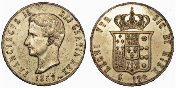 NAPOLI. FRANCESCO II DI BORBONE, 1859-1860. Piastra da 120 Grana 1859.  - Asta Numismatica - Associazione Nazionale - Case d'Asta italiane