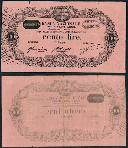 REGNO DITALIA. VITTORIO EMANUELE II DI SAVOIA, 1861-1878. BANCA NAZIONALE NEGLI STATI SARDI. 100 Lire 17/01/1872.  - Asta Numismatica - Associazione Nazionale - Case d'Asta italiane