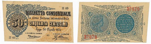 REGNO DITALIA. VITTORIO EMANUELE II DI SAVOIA, 1861-1878. BANCA NAZIONALE NEL REGNO. 50 Centesimi biglietto consorziale 30/04/1874.  - Asta Numismatica - Associazione Nazionale - Case d'Asta italiane