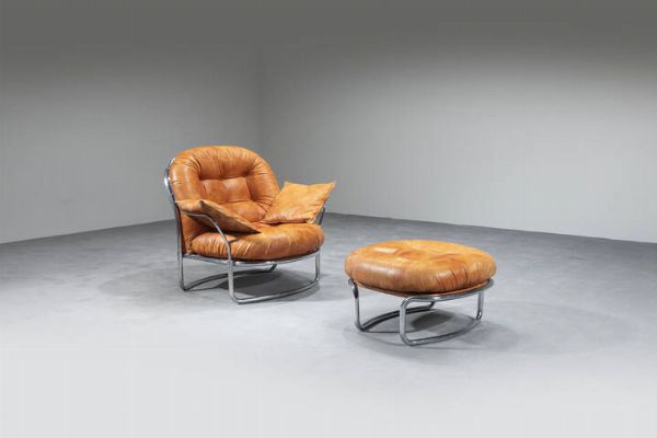 Carlo De Carli : Set di poltrona mod. 915 con pouf  - Asta Asta di Design - Associazione Nazionale - Case d'Asta italiane