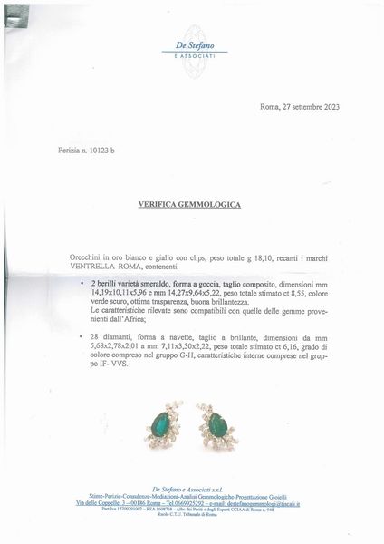 VENTRELLA: orecchini in oro con due gocce di smeraldo e diamanti  - Asta Gioielli, orologi, argenti e penne - Associazione Nazionale - Case d'Asta italiane