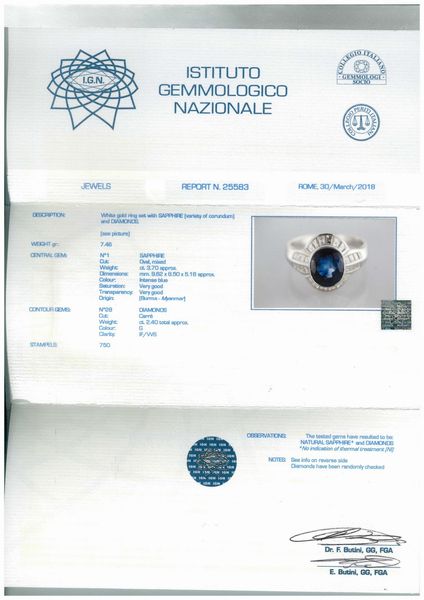 Anello in oro con diamanti e zaffiro Birmano circa 3.70 ct.  - Asta Gioielli, orologi, argenti e penne - Associazione Nazionale - Case d'Asta italiane