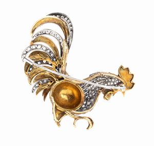 Spilla a forma di gallo in oro, diamanti e smalti  - Asta Gioielli, orologi, argenti e penne - Associazione Nazionale - Case d'Asta italiane