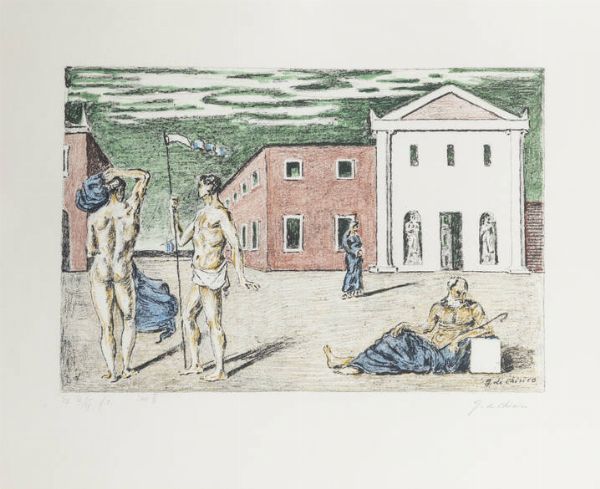 GIORGIO DE CHIRICO Volos (Grecia) 1888 - 1978 Roma : La partenza di Giasone 1966  - Asta Grafica - Associazione Nazionale - Case d'Asta italiane