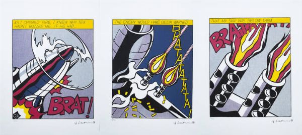 ROY LICHTENSTEIN New York (USA) 1923  1997 : Lotto di tre grafiche a - As I opened fire  I knew why Tex hadn't buzzed me.... if he had b - The enemy would have been warned... c - That my ship was below them...  - Asta Grafica - Associazione Nazionale - Case d'Asta italiane