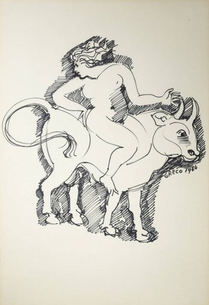 EMILIO GRECO Catania 1913 - 1995 : Donna su toro 1964  - Asta Grafica - Associazione Nazionale - Case d'Asta italiane