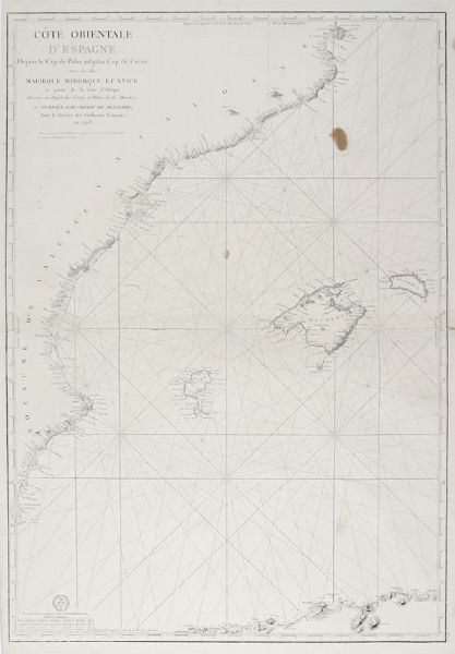 Cte orientale d'Espagne Depuis le Cap de Palos jusqu'au Cap de Creux avec les les Maiorque Minorque et Yvice et partie de la Cte d'Afrique Dresse au Dpt des Cartes et Plans de la Marine et publie... en 1793.  - Asta Arte Antica, Moderna e Contemporanea [Parte I] - Associazione Nazionale - Case d'Asta italiane