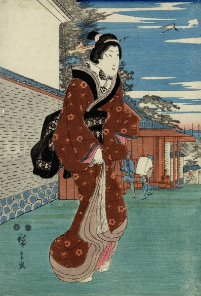 UTAGAWA HIROSHIGE I (AND? TOKUTAR?) : Bijin fuori dalla residenza del signore feudale Kuroda a Kasumigaseki.  - Asta Arte Antica, Moderna e Contemporanea [Parte I] - Associazione Nazionale - Case d'Asta italiane