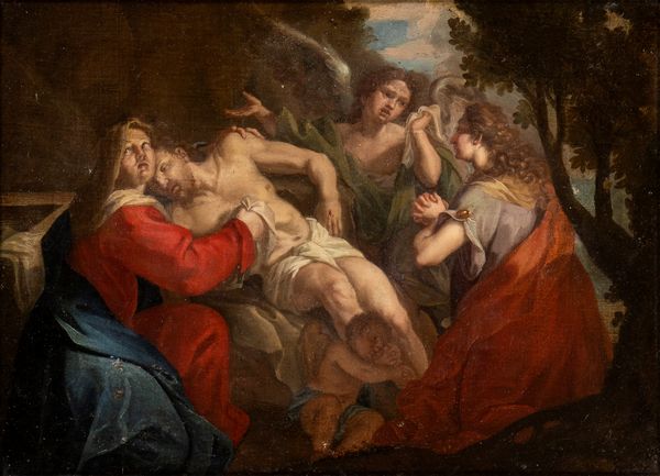 Scuola emiliana, XVII secolo : Deposizione di Cristo nel sepolcro  - Asta Dipinti, disegni e sculture dal XIV al XIX secolo - Associazione Nazionale - Case d'Asta italiane