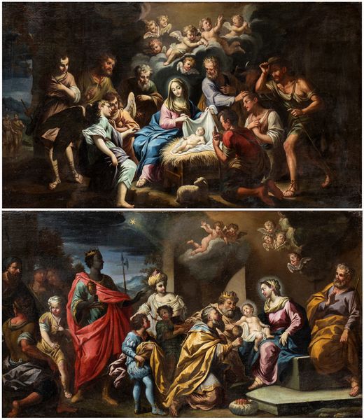 Artista attivo a Roma, inizio XVIII secolo : a) Natività; b) Adorazione dei pastori. Coppia di dipinti  - Asta Dipinti, disegni e sculture dal XIV al XIX secolo - Associazione Nazionale - Case d'Asta italiane