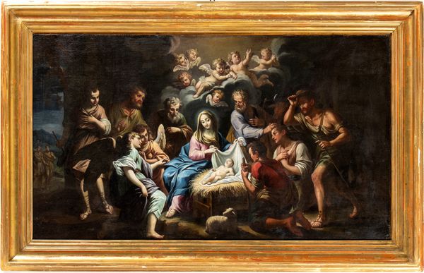 Artista attivo a Roma, inizio XVIII secolo : a) Natività; b) Adorazione dei pastori. Coppia di dipinti  - Asta Dipinti, disegni e sculture dal XIV al XIX secolo - Associazione Nazionale - Case d'Asta italiane