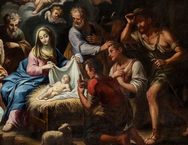 Artista attivo a Roma, inizio XVIII secolo : a) Natività; b) Adorazione dei pastori. Coppia di dipinti  - Asta Dipinti, disegni e sculture dal XIV al XIX secolo - Associazione Nazionale - Case d'Asta italiane