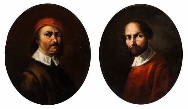 Artista fiammingo, XVII secolo : a) Ritratto virile con cappello rosso; b) Ritratto virile in giubba rossa. Coppia di dipinti  - Asta Dipinti, disegni e sculture dal XIV al XIX secolo - Associazione Nazionale - Case d'Asta italiane