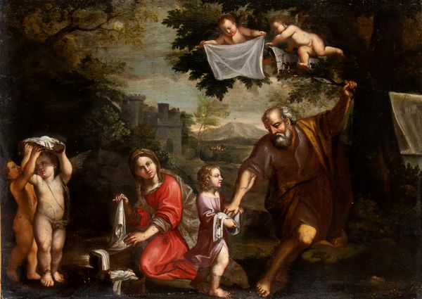 Francesco  Albani, Ambito di : Sacra Famiglia e angeli che lavano i panni al fiume  - Asta Dipinti, disegni e sculture dal XIV al XIX secolo - Associazione Nazionale - Case d'Asta italiane