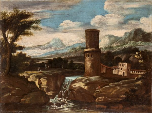 Scuola romana, prima metà XVIII secolo : Paesaggio fluviale con pescatori  - Asta Dipinti, disegni e sculture dal XIV al XIX secolo - Associazione Nazionale - Case d'Asta italiane