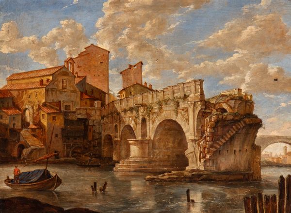 Artista attivo a Roma, XVIII - XIX secolo : Veduta del Ponte Rotto sul Tevere con la chiesa di San Salvatore de Pede Pontis  - Asta Dipinti, disegni e sculture dal XIV al XIX secolo - Associazione Nazionale - Case d'Asta italiane