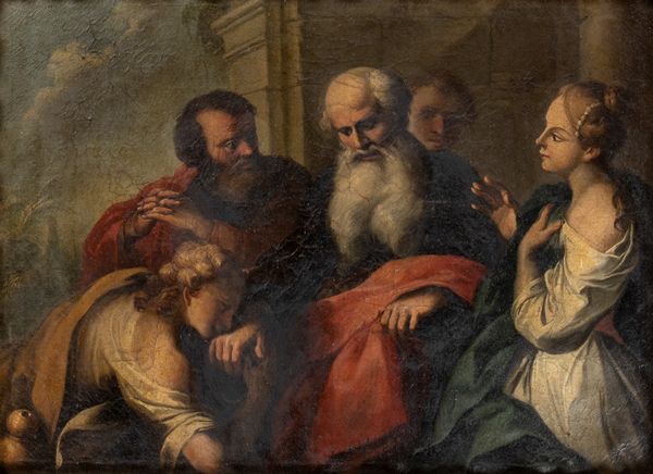 Artista emiliano, XVII secolo : Scena biblica con due donne  - Asta Dipinti, disegni e sculture dal XIV al XIX secolo - Associazione Nazionale - Case d'Asta italiane