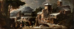 Artista veneto, fine XVII - inizio XVIII secolo - Paesaggio innevato con fuga in Egitto