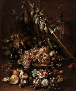 Artista lombardo, prima metà XVIII secolo - Natura morta di frutta e cacciagione