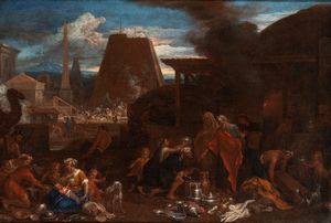 Nicolas Poussin, Seguace di - La costruzione della torre di Babele