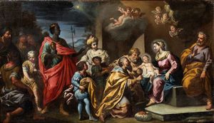 Artista attivo a Roma, inizio XVIII secolo : a) Natività; b) Adorazione dei pastori. Coppia di dipinti  - Asta Dipinti, disegni e sculture dal XIV al XIX secolo - Associazione Nazionale - Case d'Asta italiane