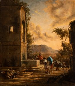 Jan Baptist  Weenix - Paesaggio con sosta di cavalieri presso una fontana e mendicanti