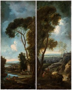 Paolo Anesi, Ambito di - a) Paesaggio con corso d'acqua e lavandaie al fontanile; b) Paesaggio con figure e città sullo sfondo. Coppia di dipinti