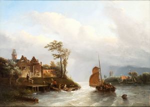 Salomon Leonardus Verveer - Paesaggio con castello, corso d'acqua e imbarcazioni