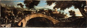 Scuola romana, prima metà XVIII secolo - Paesaggio con ponte, pastori e armenti
