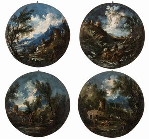 Antonio Francesco Peruzzini, Ambito di - Serie di quattro tondi raffiguranti paesaggi fluviali con figure ed edifici