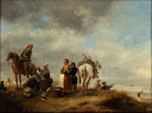 Philips Wouwerman, Scuola di - Scena costiera con venditrici di pesce e due cavalieri