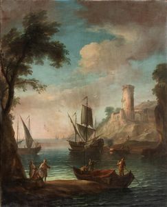 Scuola napoletana, XVIII secolo - Paesaggio costiero con torre e velieri