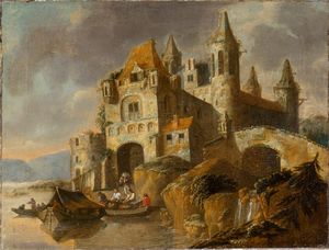 Artista olandese, XVIII - XIX secolo - Paesaggio con imbarcazioni e castello sulla riva di un fiume