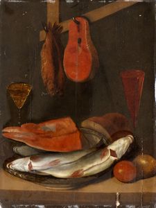 Artista spagnolo, XVIII secolo - Natura morta con calici, pesci e un trancio di salmone