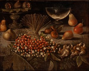 Artista lombardo, inizio XVII secolo - Natura morta con fragoline, funghi, pere e fichi