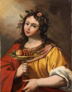 Artista emiliano, XVII secolo - Ritratto di fanciulla con alzata di frutta (Flora)