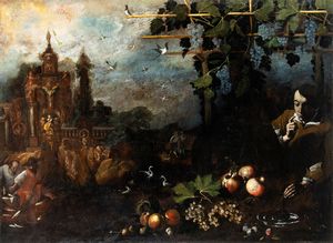 Artista fiammingo attivo in Italia, XVII secolo - Paesaggio con natura morta e contadino in primo piano, figure e monumento fantastico sullo sfondo
