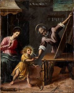 Artista centro-italiano, XVII secolo - Sacra Famiglia con San Giuseppe falegname